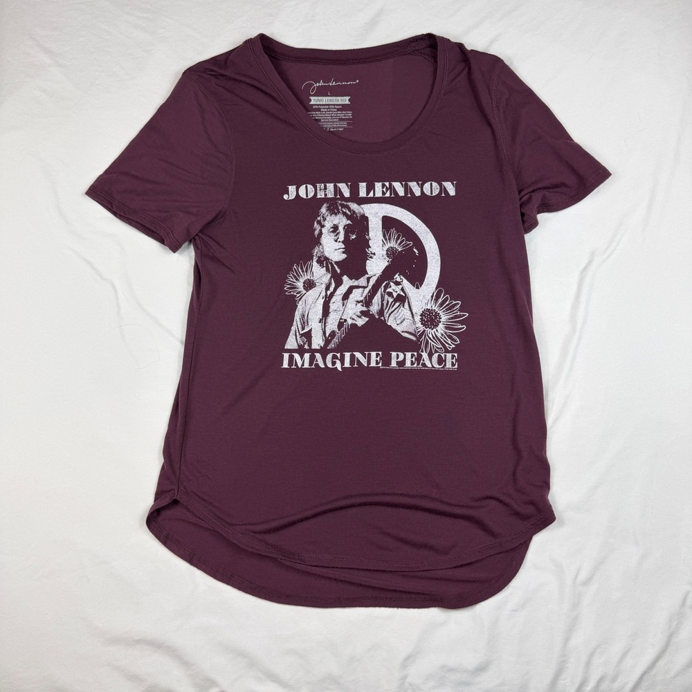John Lennon Imagine Peace Graphic Tunic Tee Burgundy Large Womens Short Sleeve
